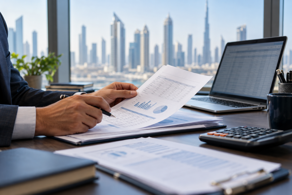 Illustrative accounting scene showing financial records, a calculator and laptop in a UAE office.