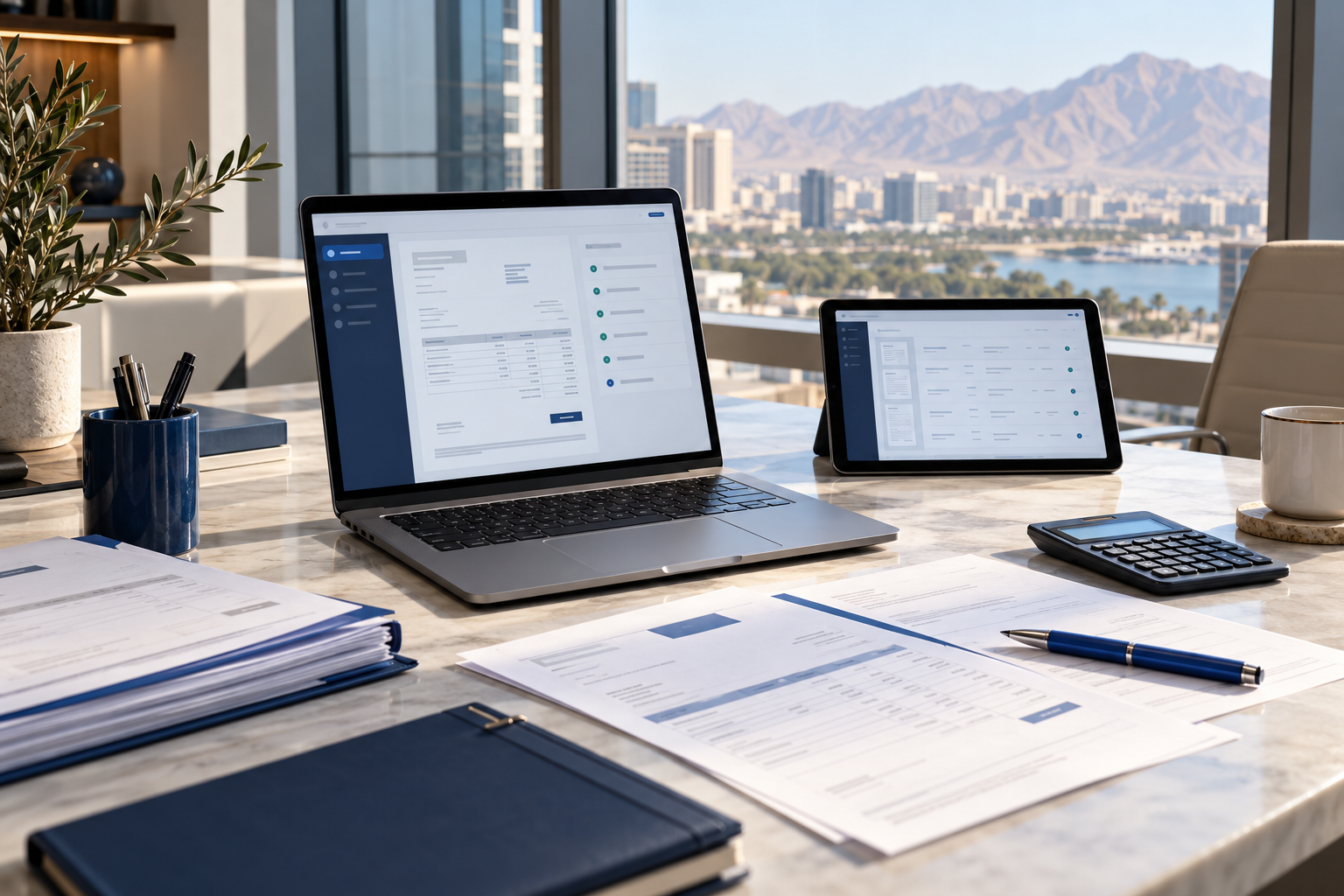 Illustrative UAE office desk with digital invoice screens, invoice documents and a calculator.
