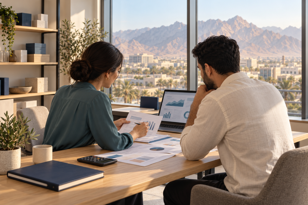 Illustration of two small-business owners reviewing financial records in a Ras Al Khaimah office.