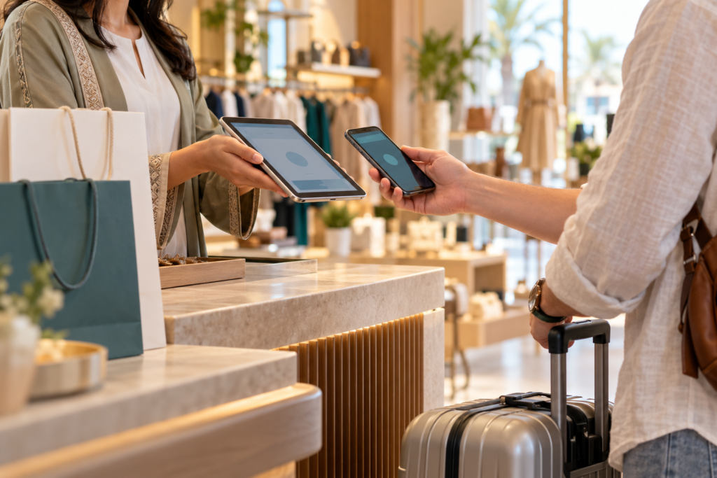 Illustrative UAE boutique checkout with a tablet, smartphone, shopping bags and a traveller's suitcase.
