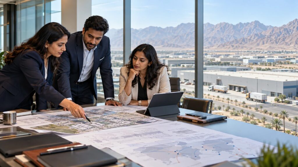 Illustrative scene of Indian business leaders planning an industrial expansion in Ras Al Khaimah.